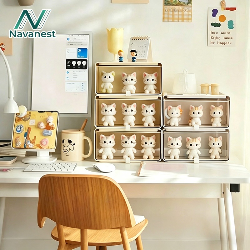 Navanest กล่องเก็บของบนโต๊ะ ดึงออกได้ เก็บตุ๊กตา กล่องโชว์ตุ๊กตา โปร่งใส กันฝุ่น ตุ๊กตา ขาตั้งโชว์รู