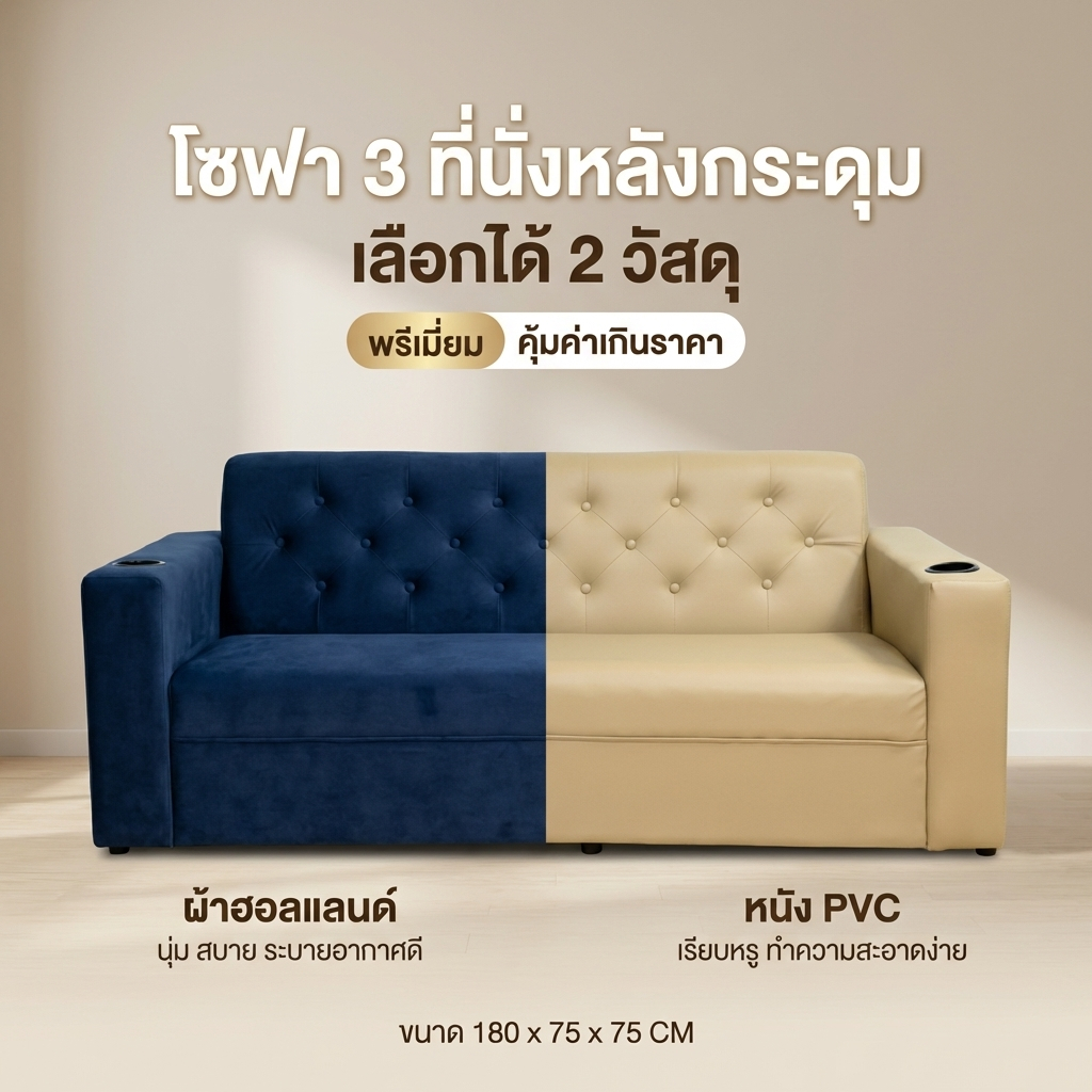 Queencosy โซฟา โซฟามินิมอล โซฟา 3 ที่นั่งท้าวแขน หลังกระดุม มีที่วางแก้ว (LN3) รับประกันสินค้า