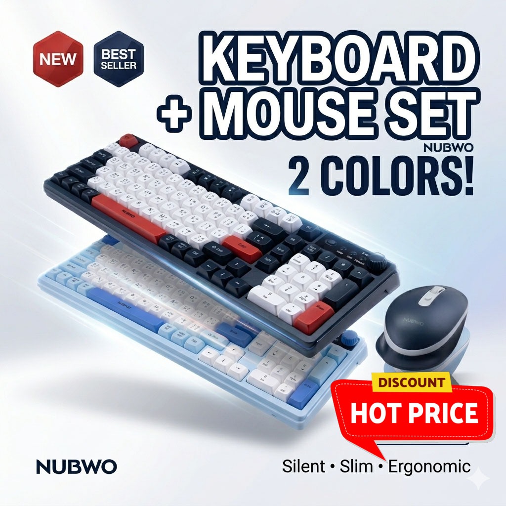 คีย์บอร์ด เสียงเงียบ NUBWO NKM-647 Keyboard & Mouse  เชื่อมต่อ Wireless2.4GHz และบลูทูธ