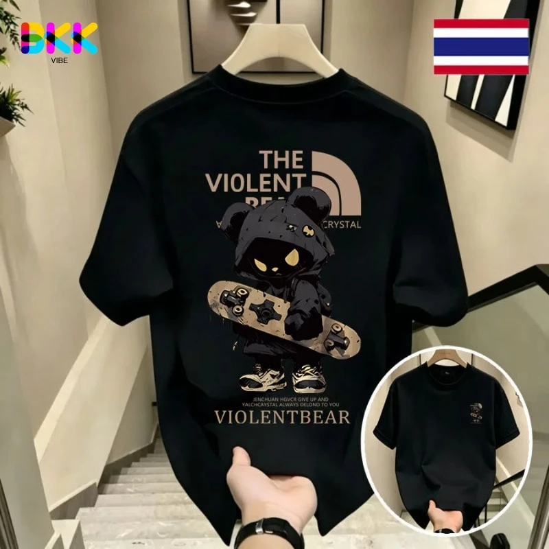 BKK Vibe💥เสื้อดำ เสื้อ oversize สกรีนหน้าหลัง ลาย THE VIOLENT BEAR มิติ ผ้าคอตตอน 100% เนื้อผ้าเกรดพรีเมียม คอกลม