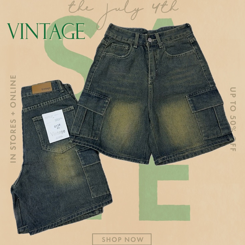Vintage รุ่น 013 กางเกงยีนส์ ขาสั้น คาร์โก้ แต่งเฟดขา ทรงสวย ผ้าไม่ยืด กระเป๋าตรง 2 ใบ – โปรปัง