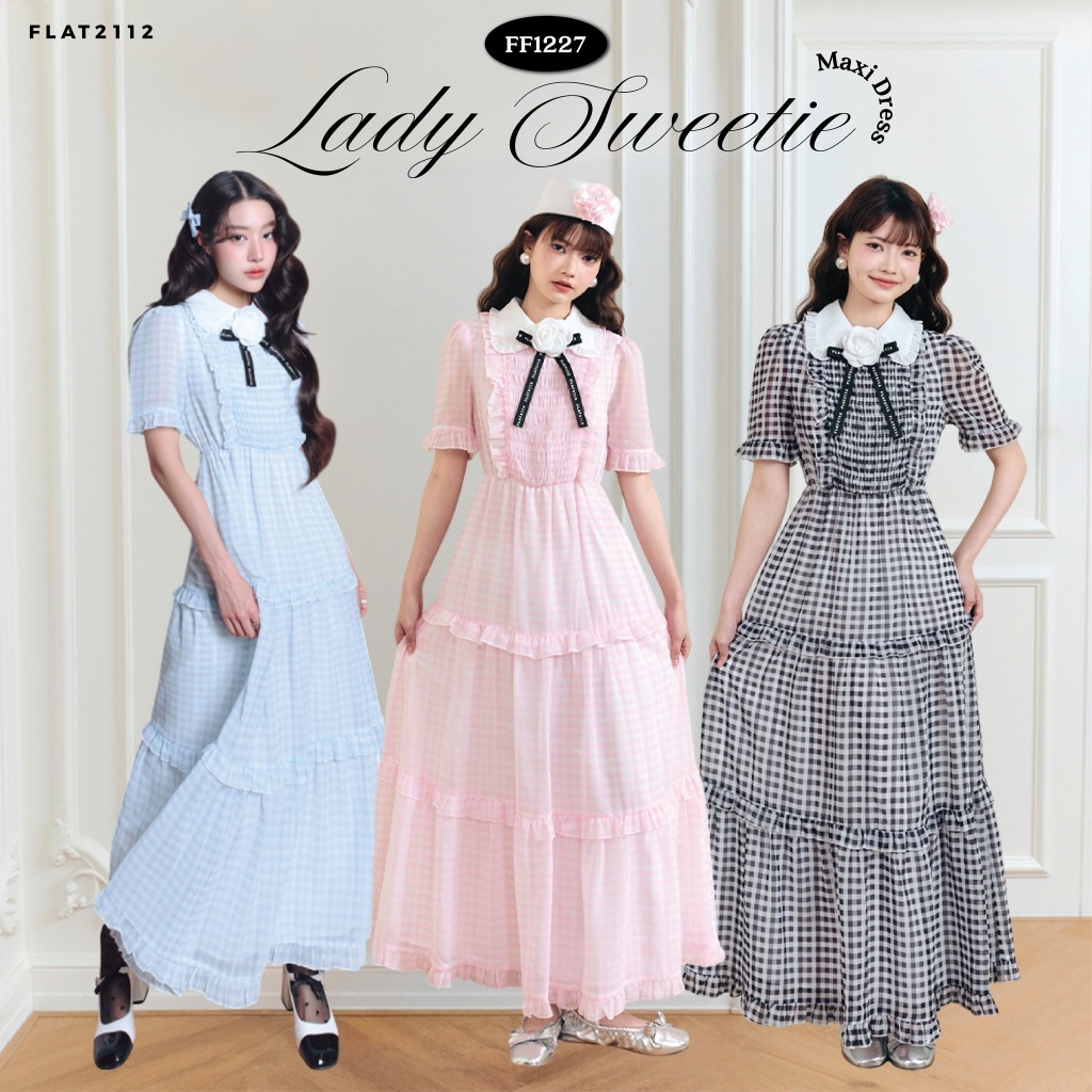 FLAT2112 : LADY SWEETIE MAXI DRESS เดรสยาวหวาน ๆ เดรสลายตาราง เดรสวินเทจน่ารัก คอปก เดรสพริ้วผู้หญิง เดรสออกงาน (FF1227)
