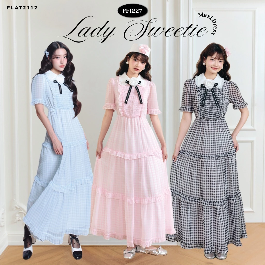 FLAT2112 : LADY SWEETIE MAXI DRESS เดรสยาวหวาน ๆ เดรสลายตาราง เดรสวินเทจน่ารัก คอปก เดรสพริ้วผู้หญิง เดรสออกงาน (FF1227)