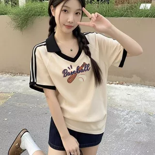 เสื้อคอวีทรงสเก็ตสวยๆผู้หญิงแฟชั่นมาใหม่ oversize เสื้อผ้าสาวอวบไซส์ใหญ่น่ารัก เสื้อยืดปกแขนสั้นลําลองทรงหลวมสไตล์เกาหลี