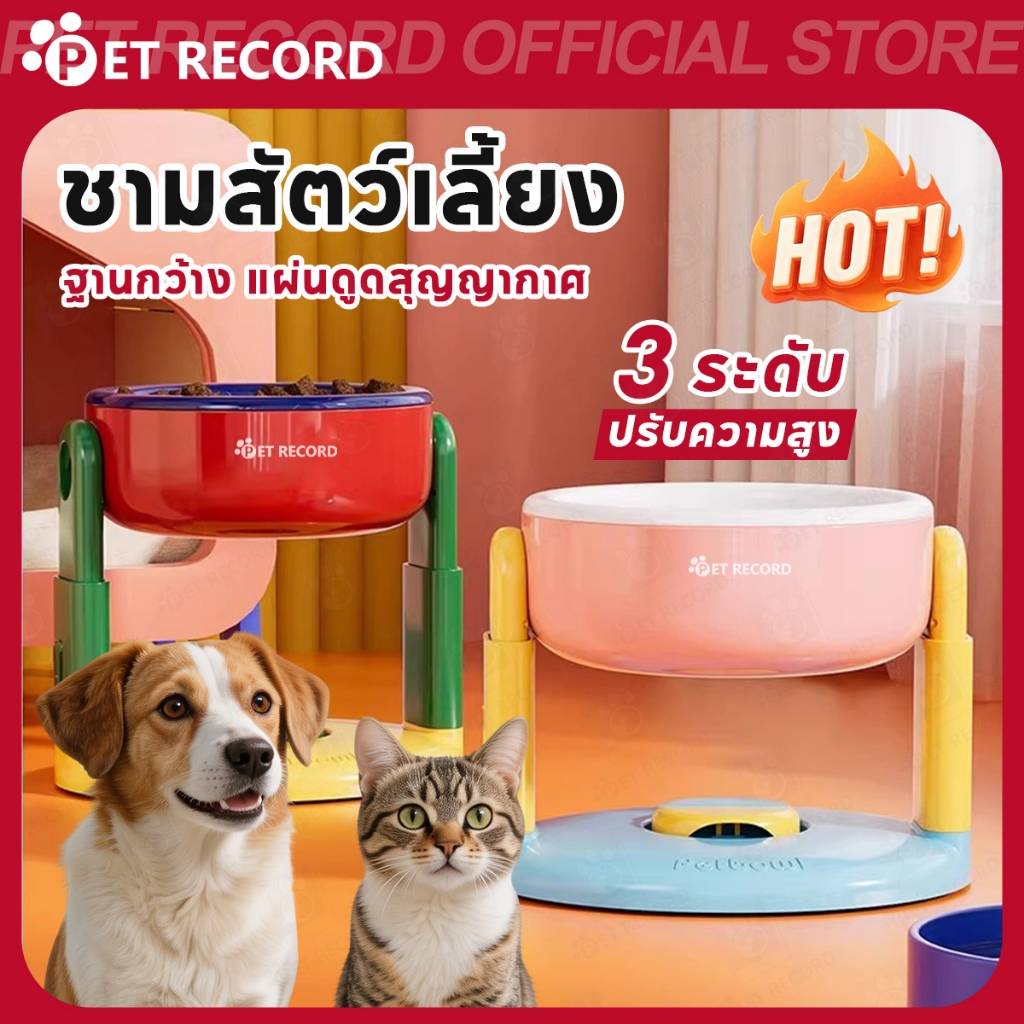 【PET RECORD】🔥 ชามอาหารสัตว์เลี้ยง ปรับระดับได้ 3 ระดับ ถนอมคอ กันลื่น สำหรับแมวสุนัข