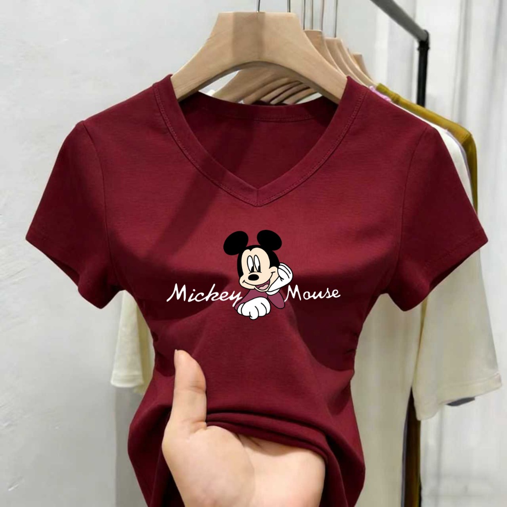 เสื้อยืดคอV ลายมิกกี้เมาส์น่ารัก ใส่สบายผ้าคอตตอนบาง สไตล์เกาหลีสตรีท สำหรับผู้หญิงสาวๆ