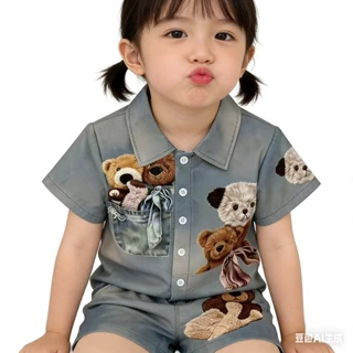 BB239 เซ็ตยีนส์เทียมเด็ก ลายหมีนูน เสื้อเชิ้ตกระดุมหน้า+กางเกงขาสั้น งานเกาหลี