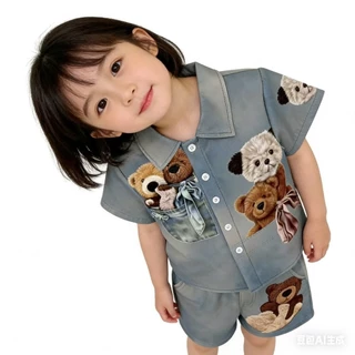 MC239 ชุดเด็กยีนส์เทียม แต่งตุ๊กตาหมี เสื้อผ้าเด็กน่ารัก ใส่ออกงาน ใส่เที่ยวได้