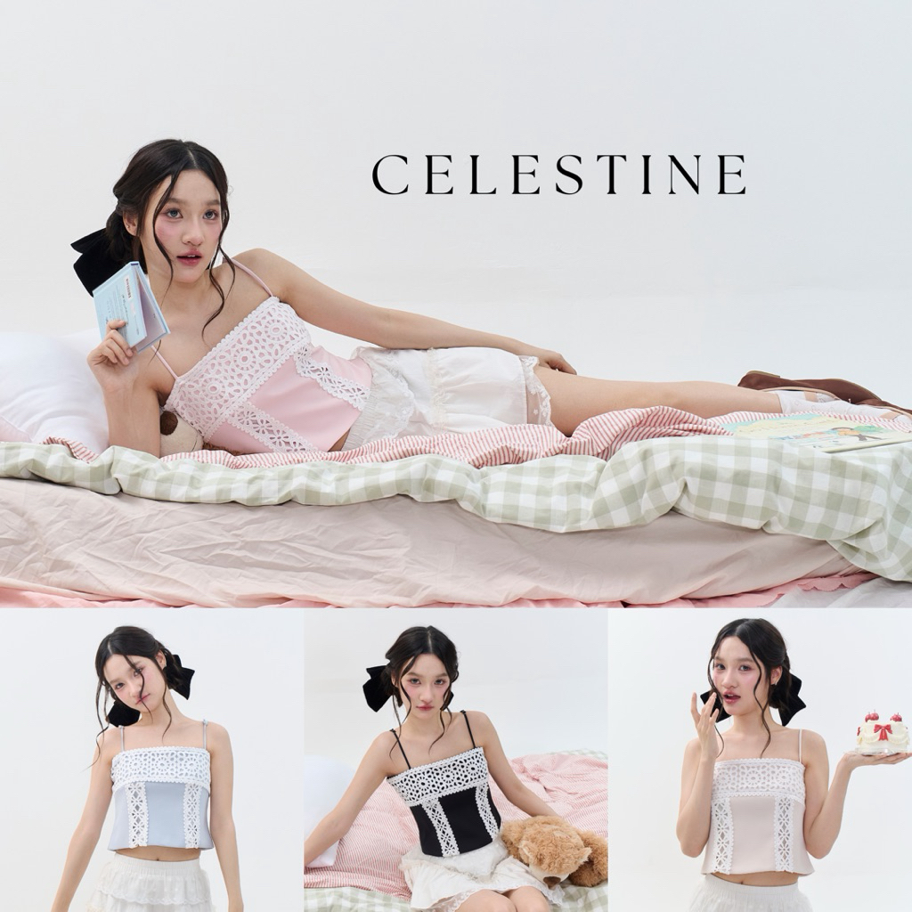 CELESTINE TOP (เฉพาะเสื้อ) สายเดี่ยวผ้านิ่มอัดกาว เนื้อแน่นนุ่ม ใส่แล้วทรงสวยเป๊ะ แต่งลูกไม้ละมุน