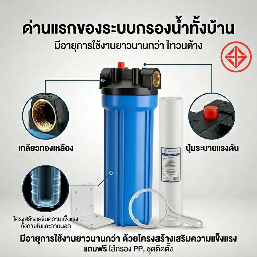 ชุดกระบอกกรองน้ำใช้ Housing สีน้ำเงินทึบ 10 นิ้ว รูเกลียวทองเหลือง 4 หุน และ 6 หุน + ไส้กรอง  PP  อุปกรณ์ครบชุด