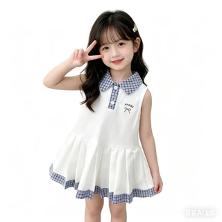 MC244 เดรสเด็กหญิงทรงเจ้าหญิง คอปกน่ารัก ผ้าใส่สบาย สีขาว กรมท่า