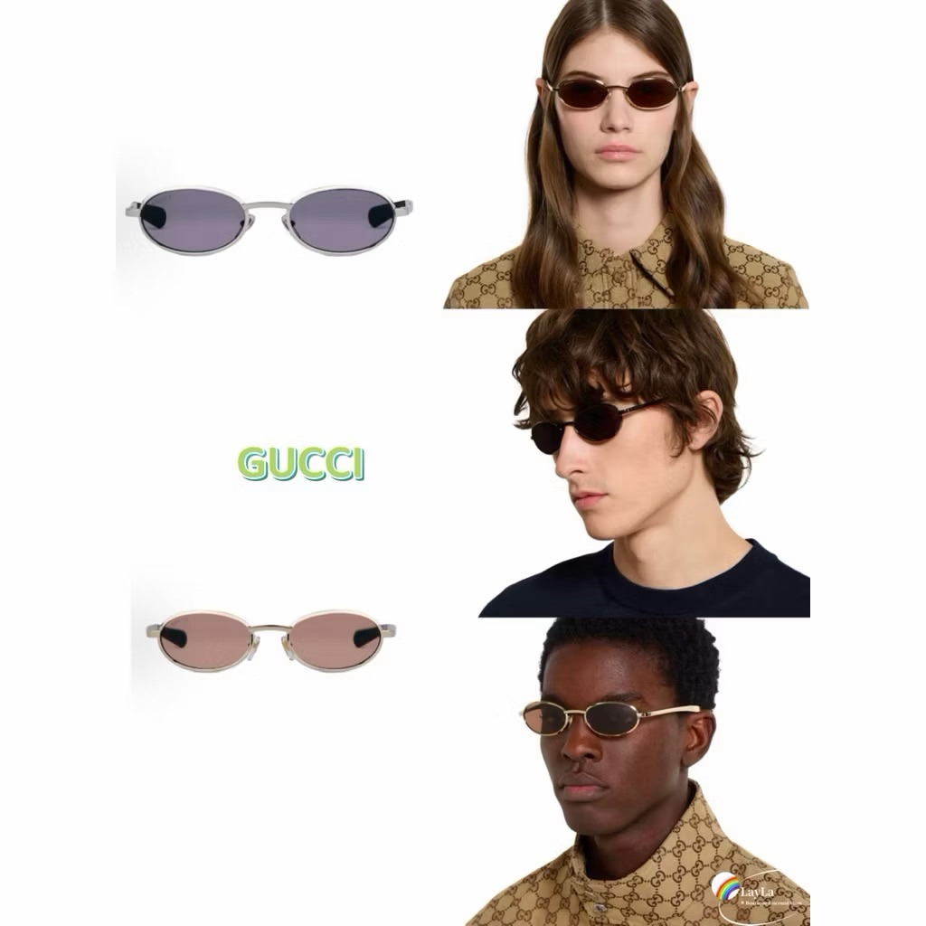 🌈 ของแท้ 【GUCCI】แว่นตากันแดดรูปไข่โลหะสำหรับคู่รัก