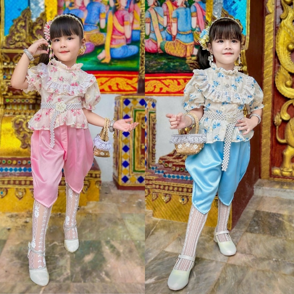 ชุดไทยเด็กผู้หญิง ลูกไม้สวยๆ รุ่นโจมกระเบน ผ้านิ่มละมุน