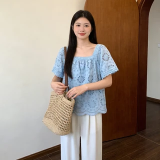 FBAShop เสื้อเบลาส์ แขนสั้น สำหรับผู้หญิง เหมาะกับการสวมใส่ไปเที่ยวพักผ่อน เนื้อผ้าเบาพลิ้ว มีดีเทลผ้าลายฉลุแต่งขอบลูกไม