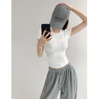 cherryshop🍒พร้อมส่ง เสื้อรัดรูป เสื้อยืดผู้หญิง แขนสั้นแฟชั่น คอกลม น่ารัก แขนสั้นเซ็กซี่รัดรูป สีพื้น สไตล์เกาหลี