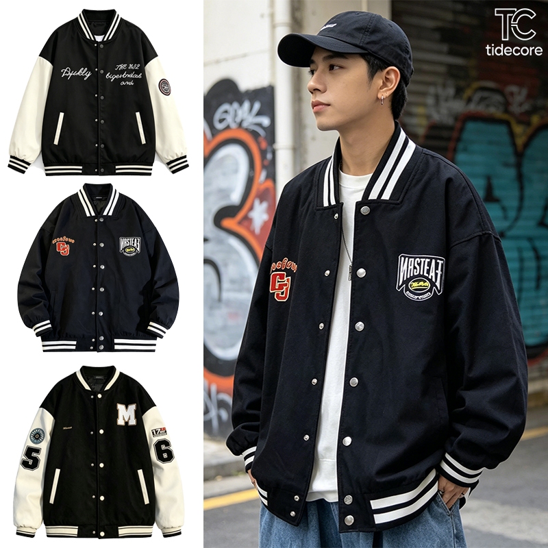 TideCore เสื้อแจ็คเก็ตเบสบอลชาย COD สไตล์อเมริกันเรโทร ทรงหลวม ดีไซน์ปักลายสตรีท เท่สุดๆ สำหรับใส่เดินห้าง / ไปเที่ยว
