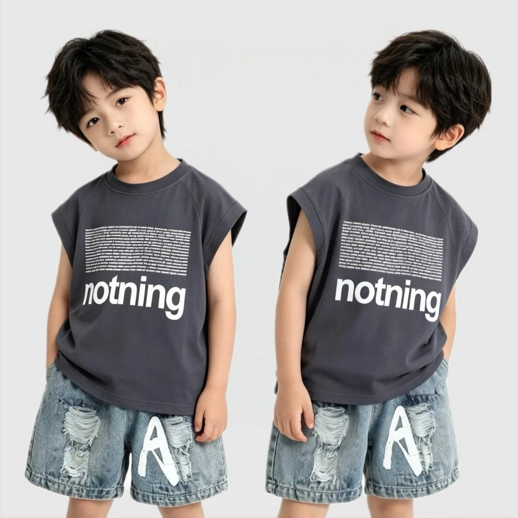 BB243 ชุดเด็กผู้ชาย เสื้อแขนกุดสีเทา กางเกงยีนส์ขาสั้น ลุคเท่