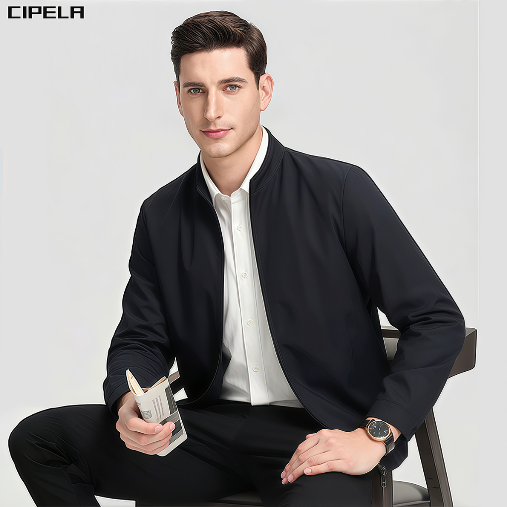CIPELA แจ็กเก็ตธุรกิจชายคอตั้ง เสื้อแจ็คเก็ตซิปปกผู้ชาย เสื้อแจ็คเก็ตน้ำหนักเบาลำลองธุรกิจ ดีไซน์เรียบง่าย