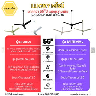 Lucky Misu พัดลมเพดาน 56" รุ่นลมแรง ก้านยาว 38cm/1m/1.5m/2m สวิตซ์กด/สวิตซ์หมุน สีขาว
