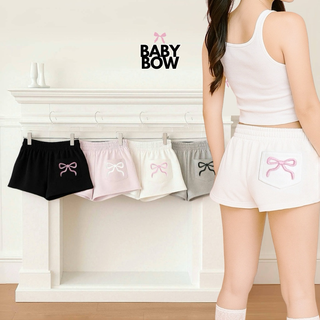 กางเกงขาสั้น-ขายาว Araignee BABY BOW PANTS ผ้าหนานุ่มปักโบว์มินิมอล