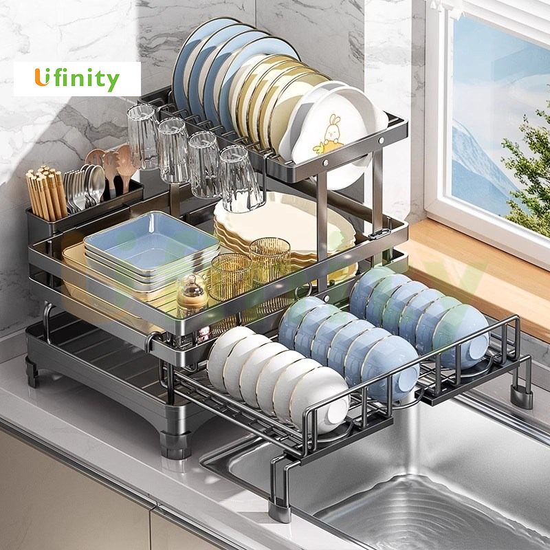 Lifinity ชั้นวางจาน ความจุมาก1+1ชั้น ยืดหดได้ ชั้นวางแก้ว มัลติฟังก์ชั่น ปรับความยาวได้ ไม่ต้องติดตั้ง