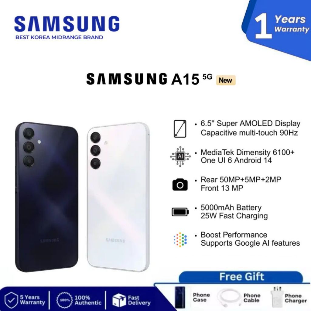 Samsung Galaxy A15 5G (6+128GB) | จอ 6.5"AMOLED | ชิป Dimensity | กล้อง50MP | แบต 5000mAh | ชาร์จไว