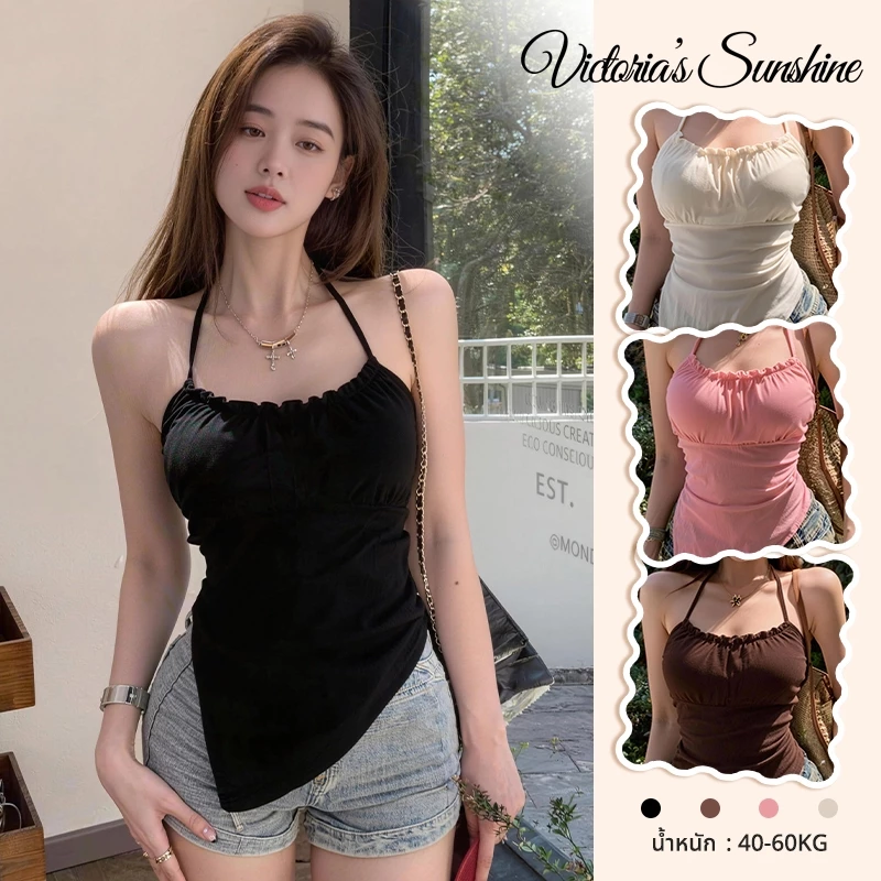 เสื้อกล้าม เสื้อสายเดี่ยวคล้องคอ สีดำ ดีไซน์ชายไม่เท่ากัน ทรงเข้ารูป สไตล์เกาหลี แฟชั่นหน้าร้อน พร้อมส่งจากไทย#1173