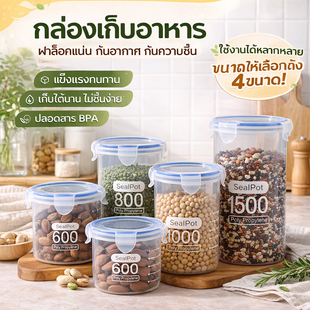 โถเก็บอาหาร โถขนมปิดผนึกพลาสติก โถเก็บของในครัว โถเก็บของใส สำหรับเก็บธัญพืช ขนม และอื่นๆ
