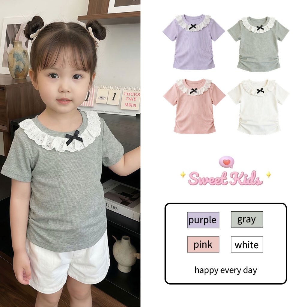 SweetKids พร้อมส่งจากกทม🌸เสื้อผ้าเด็กฤดูร้อน🍓เสื้อยืดแขนสั้นสำหรับเด็กผู้หญิง บริเวณคอเสื้อตกแต่งด้วยระบายลูกไม้ ใส่สวย