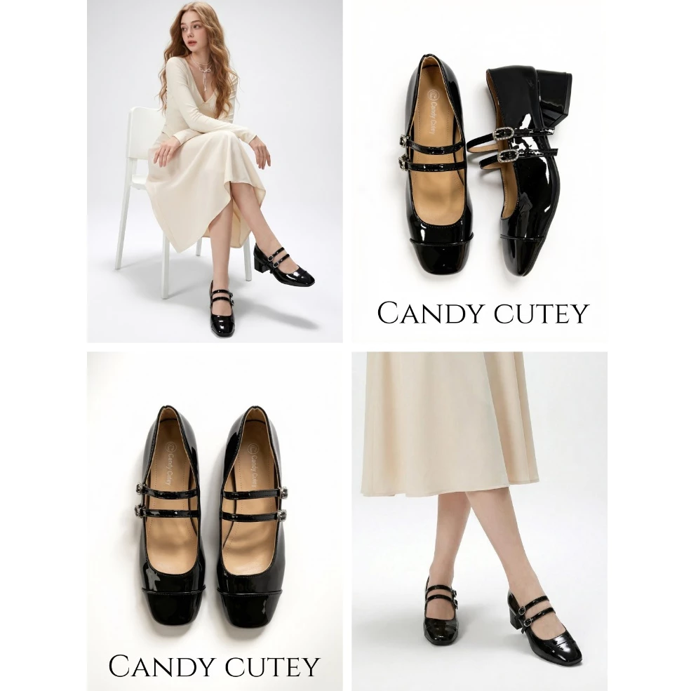 Candy Cutey รองเท้าแมรี่เจน หนังแก้ว ทรงหัวเหลี่ยมหน้าตัด โดดเด่นสะดุดตา เข้มสุดคลาสสิก สายหน้าเข็มขัดแบบคู่ สวมใส่สบาย