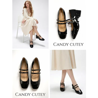 Candy Cutey รองเท้าแมรี่เจน หนังแก้ว ทรงหัวเหลี่ยมหน้าตัด โดดเด่นสะดุดตา เข้มสุดคลาสสิก สายหน้าเข็มขัดแบบคู่ สวมใส่สบาย
