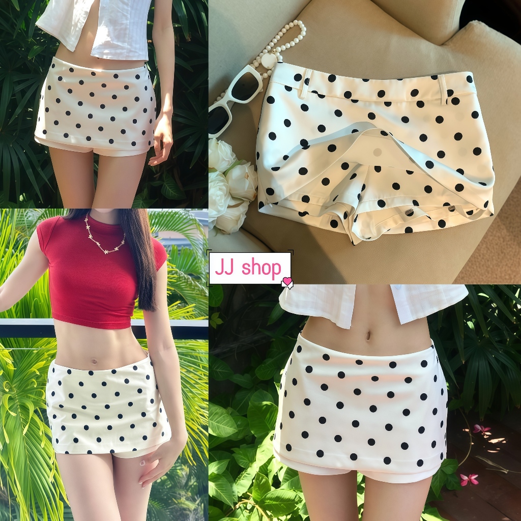 JJ Shop​💜พร้อมส่ง  กระโปรงสั้นลายจุดแฟชั่นผู้หญิง กระโปรงสั้นเอวต่ำรัดรูป สไตล์วินเทจ-FY5126