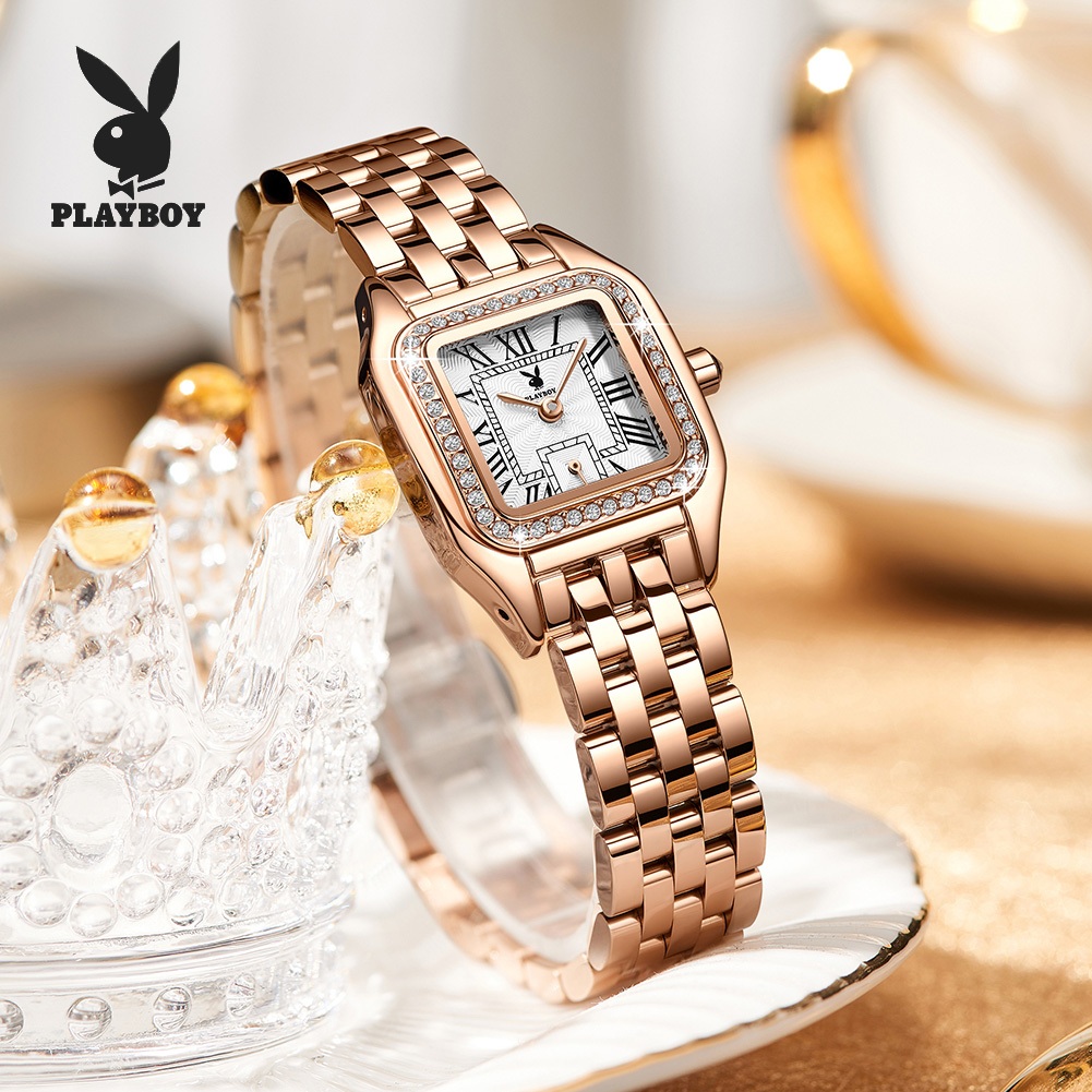 PLAYBOY นาฬิกา ผู้หญิง ควอตซ์ สายสเตนเลส แฟชั่น ฝังเพชร หน้าปัดสแควร์ 3106Z