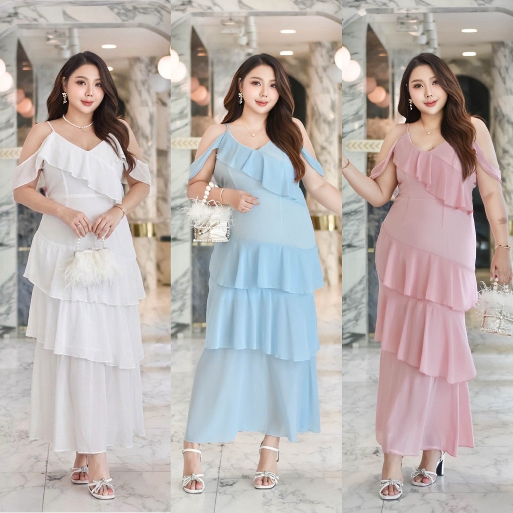 /BF/เดรสชีฟองยาว ไซส์อก42-50 แต่งระบายทั้งตัว หลังสม็อค สายปรับได้ ช่วงแขนใส่ได้ทั้งปิดและเปิด ใส่ออกงานได้เลย #พลัสไซส์