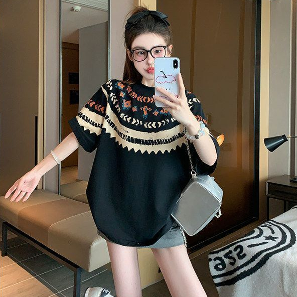เสื้อยืดสกรีนลายวินเทจเท่ Oversize เสื้อผ้าสาวอวบไซส์ใหญ่ เสื้อคู่กับแฟนโอเวอร์ไซส์ผู้หญิงทรงสเก็ต สไตล์เกาหลีแฟชั่น 3XL