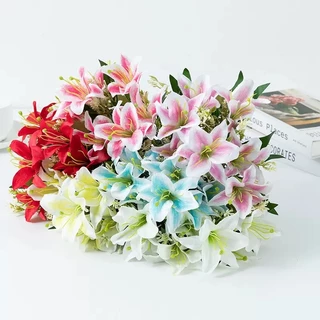 ลิลลี่เทียมที่สมจริงและสีสันที่สวยงาม ดอกไม้ปลอม สําหรับตกแต่งงานแต่งงาน ห้องนั่งเล่น ตกแต่งบ้าน