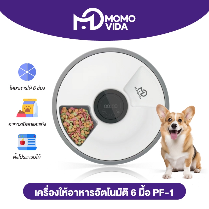 MOMOVIDA 6 Meals เครื่องป้อนอาหารสัตว์เลี้ยงอัตโนมัติ สําหรับอาหารเปียกและแห้ง พร้อมตัวจับเวลาแบบตั้งโปรแกรมได้ PF-01