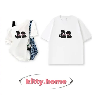 ส่ง24ชั่วโมง✨ เสื้อยืดคู่รัก ลายแมวการ์ตูน ทรงหลวม ผ้าคอตตอน ไซส์ M-3XL | สีดำ/ขาว/น้ำเงิน