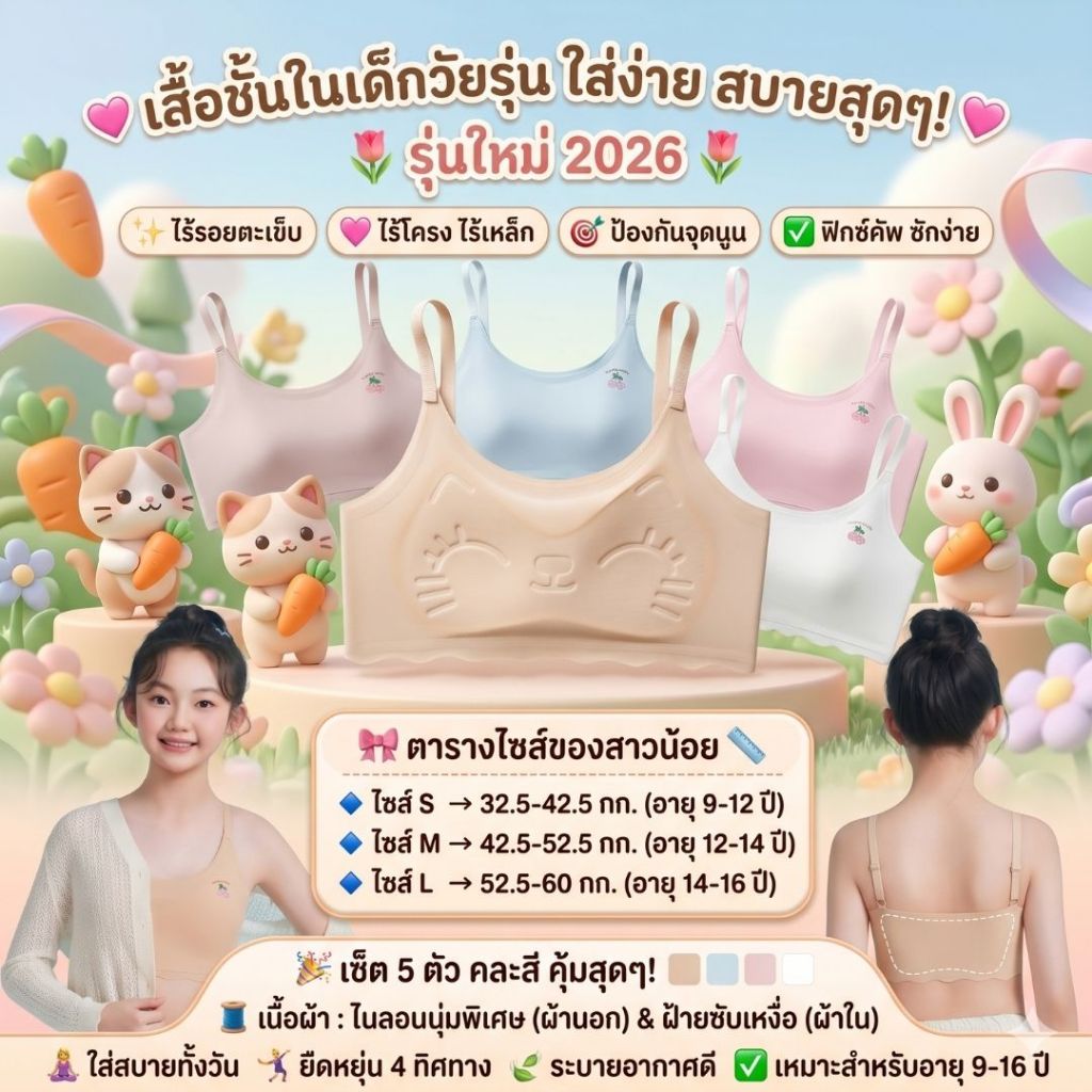 เสื้อชั้นในเด็กวัยรุ่น ไร้โครง ไร้รอยตะเข็บ ฟองน้ำปั๊มติด ปรับสายได้ บราแมว 30-60กก.