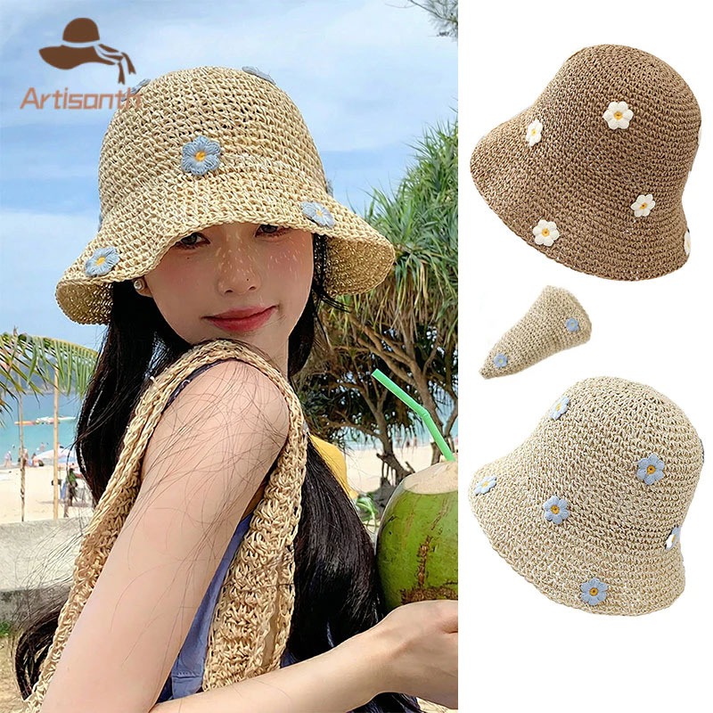 ส่งเร็ว💥หมวกฟางชายหาดสำหรับผู้หญิง ลายดอกไม้ น่ารักหวาน แฟชั่นฤดูร้อน เหมาะกับเดินชายหาด.COD