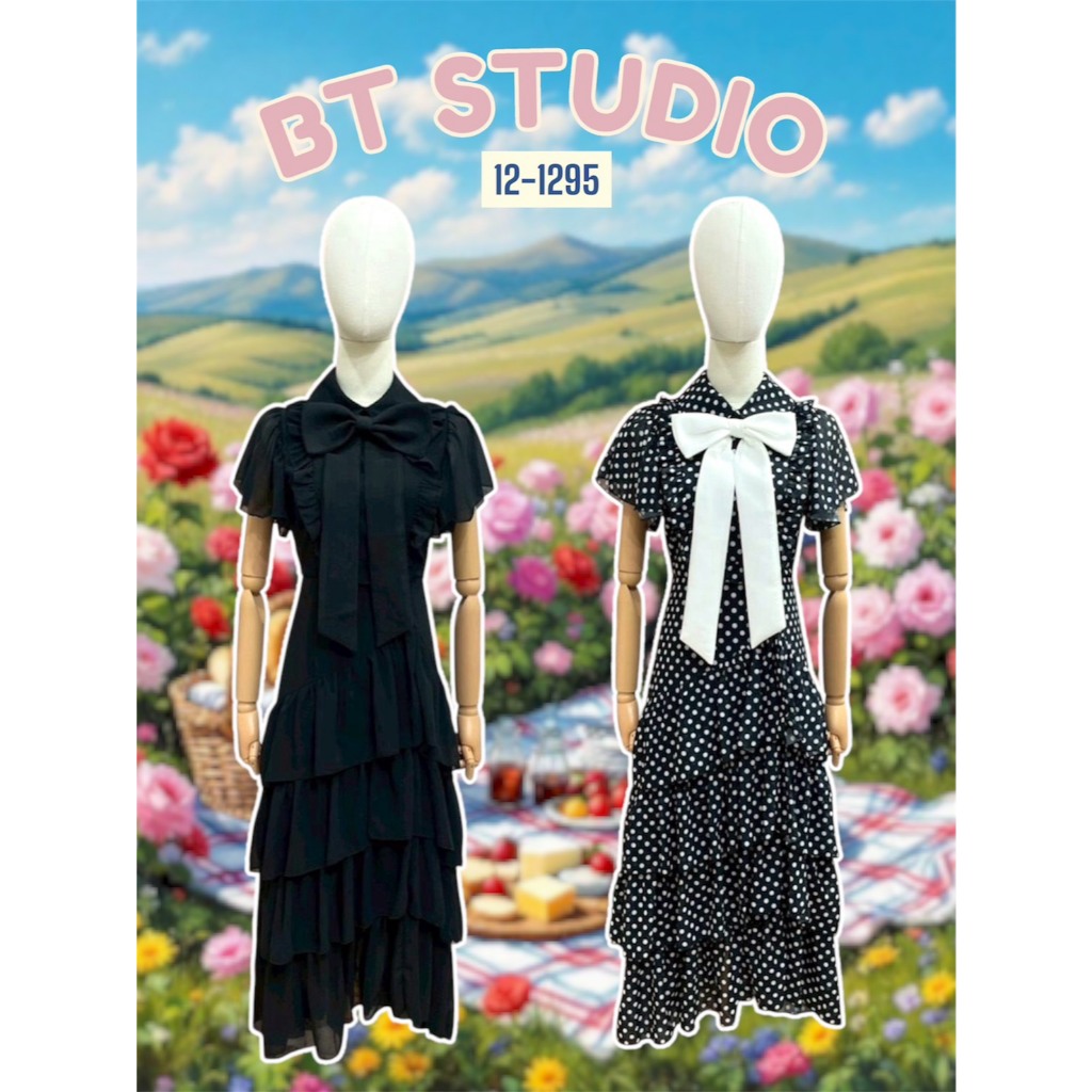 BT 15-1295 แม็กซี่เดรสยาวแขนสั้นคอปก ระบายกระโปรงแต่งระบายไล่เป็นชั้นๆ ซับในทั้งตัว พิมพ์ลายเชอร์รี่ เข็มกลัดโบว์สีแดง