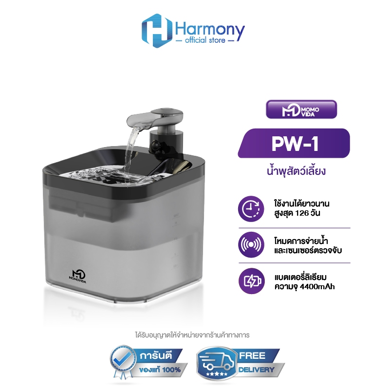 MOMOVIDA รุ่น PW-1 น้ำพุแมวไร้สาย น้ำพุแมวอัตโนมัติ 2.2L แบต 4400mAh เซนเซอร์ ตรวจจับเคลื่อนไหว เสียงเงียบ กรอง 5 ชั้น