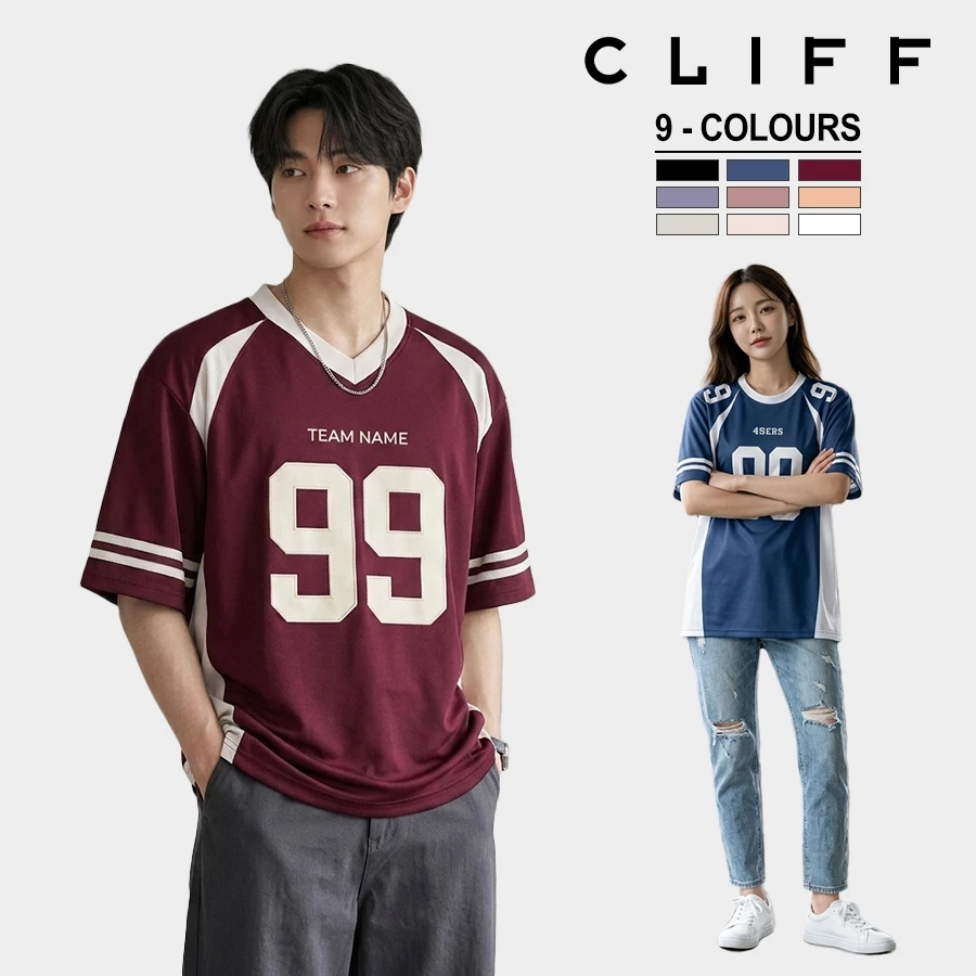 CLIFF เสื้อยืดผู้ชาย เสื้อผู้หญิง คอกลมแขนสั้น พิมพ์ลาย สไตล์อเมริกัน สีผสม ชุดคู่รัก