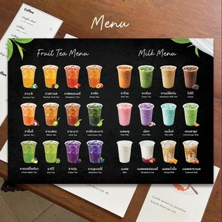 ป้ายเมนูเครื่องดื่มชาผลไม้ / นมสด Tea and Milk Menu มีทั้งพื้นขาวและพื้นดำ ขนาด A4/A3 เคลือบใสกันน้ำ!