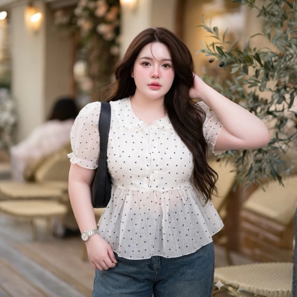 เสื้อสาวอวบ พลัสไซส์(รุ่น ง58) Bella Puff เสื้อแขนพอง ผ้าชีฟอง พรางพุง ใส่สบาย อกใหญ่ใส่ได้ ลายจุด