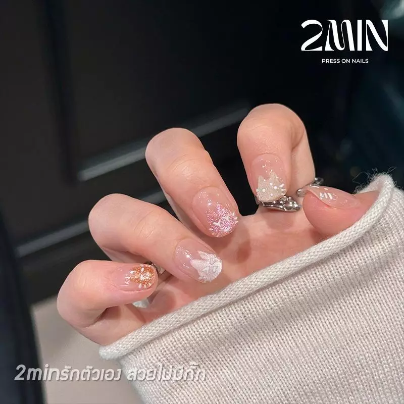2minงานใหม่ เล็บปลอมสําเร็จรูป ทำด้วยมือ 10 ชิ้น/กล่อง แฮนด์เมด100% ชมพูลูกเเก้ว French ปลายลายแมวหลากสี ดีไซน์สวย