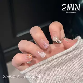 2minงานใหม่ เล็บปลอมสําเร็จรูป ทำด้วยมือ 10 ชิ้น/กล่อง แฮนด์เมด100% ชมพูลูกเเก้ว French ปลายลายแมวหลากสี ดีไซน์สวย