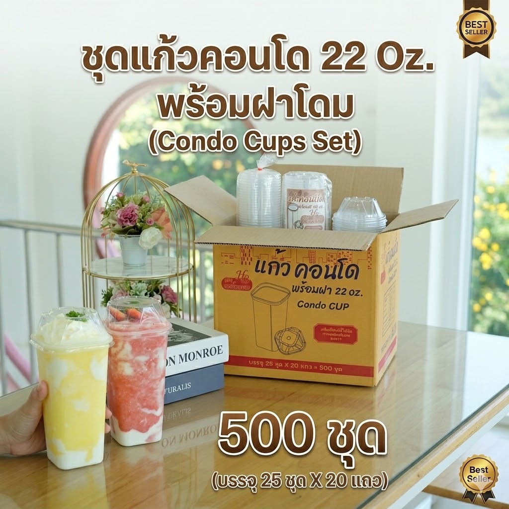 ++ยกลัง++แก้ว 22 ออนซ์ ทรงคอนโด พร้อมฝา จำหน่าย 250 ชุด ครึ่งลัง และ 500 ชุด ยกลัง