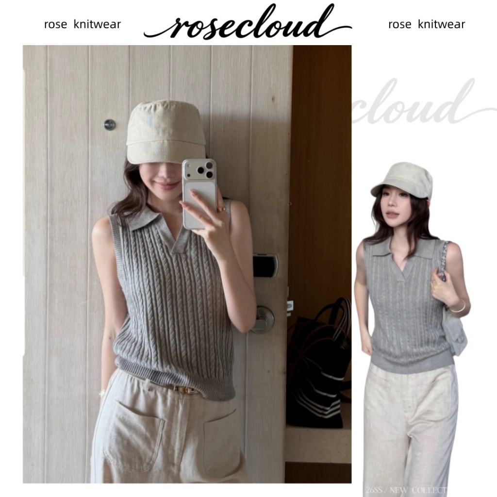 🌟rosecloud🌟เสื้อกั๊กไหมพรมคอโปโลคอวีสำหรับผู้หญิงฤดูร้อนแบบใหม่ เสื้อกล้ามไหมพรมแขนกุดทรงเข้ารูป สวมใส่ได้หลากหลายโอกาส