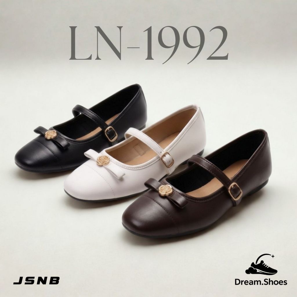 JSNB  รองเท้าคัทชูผู้หญิง ทรงแมรี่เจน ประดับโบว์อะไหล่ทอง หนังนิ่ม ใส่สบาย เรียบหรูสไตล์คุณหนู [LN1992]
